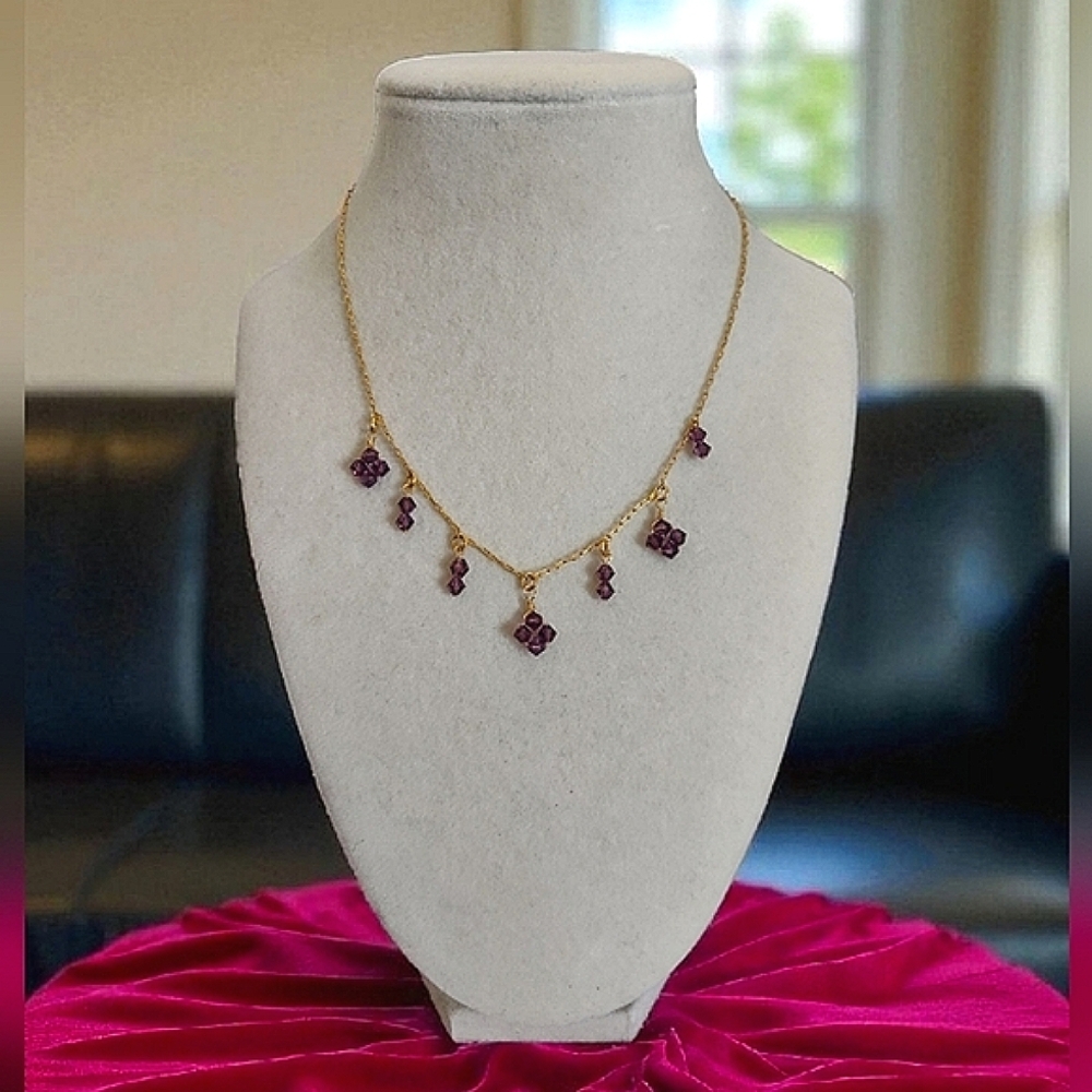 Gold-Tone Necklace with Purple Glass Bead Dangles – 16"